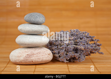 Stack of balanced stones and flower with shallow depth of field Stock Photo