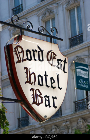 France, Paris, Hotel sign. Nord Est Hotel Bar Stock Photo