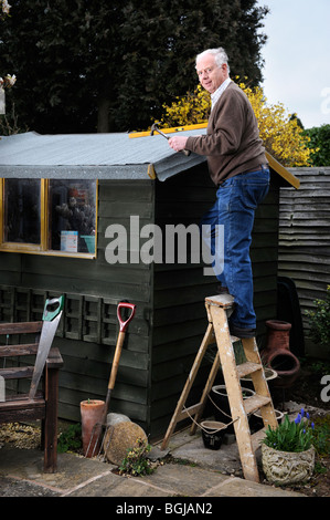 A retired man re-felting a shed roof UK Stock Photo 