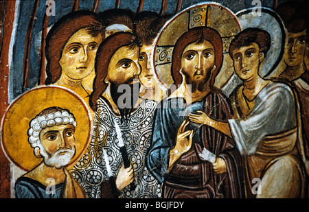 Christ and saints, Byzantine frescoes (11th century), UNESCO heritage object, Karanlik Church, Goreme, Cappadocia, Turkey Stock Photo