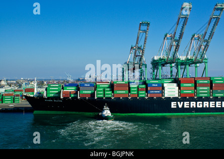 Container ship and tugboat, Port of Los Angeles, California Stock Photo