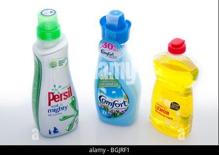 Three plastic bottles of household cleaning products Stock Photo