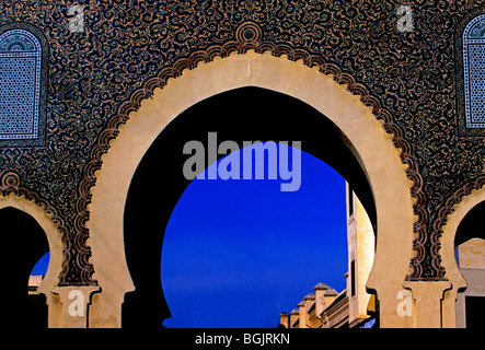 Bab Bou Jeloud, main entrance, gateway, horseshoe arch, keyhole arch, medina, Fes el-Bali, city of Fez, Fez, Morocco, North Africa, Africa Stock Photo