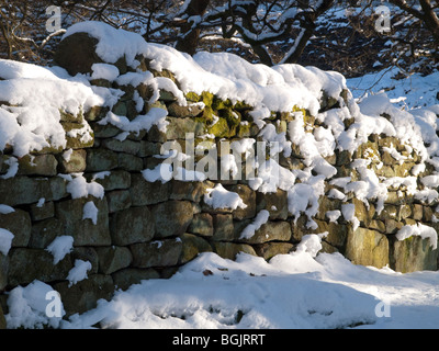 A wall covered in snow, in the Peak District Derbyshire England UK Stock Photo