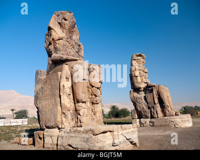 The Colossi of Memnon close to the Valley of of the Kings on the West Bank of the River Nile in Egypt Stock Photo