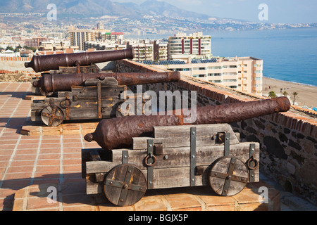 Fuengirola, Malaga Province, Costa del Sol, Spain. View over the gun battery of Sohail castle to the city. Stock Photo