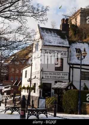 Snow surrounding the Ye Olde Trip to Jerusalem Public House in Nottingham City, Nottinghamshire England UK Stock Photo
