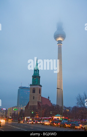 Tv Tower on Alexander Square, Berlin ( Fernsehturm am Alexanderplatz, Berlin ) and St Mary's church  (Sankt St. Marienkirche) Stock Photo