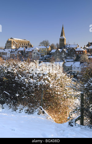 The hillside town of Malmesbury under a blanket of snow Stock Photo