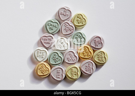 Sweetheart sweet heart - Love heart sweets with messages, arranged in a heart shape for Valentines day, Valentine day - loveheart sweets from above Stock Photo
