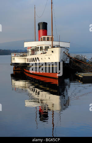 Restored paddle steamer 'Maid of the Loch' moored at Balloch Pier on Loch Lomond, Argyle and Bute, Scotland Stock Photo