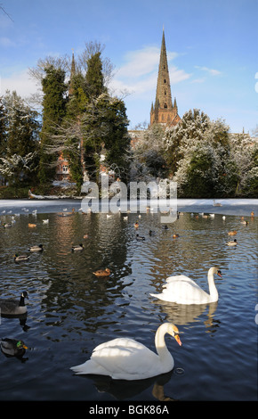 Three spires Cathedral frozen Minster Pool swans and ducks on snowy winter’s day 2010 Lichfield Staffordshire England Stock Photo