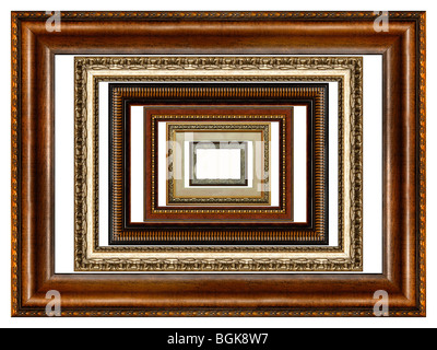 Set of six antique wooden picture frames with pattern isolated on white background Stock Photo