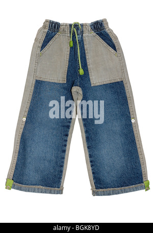 Children's clothing boy's blue gray jeans shorts isolated on white background Stock Photo