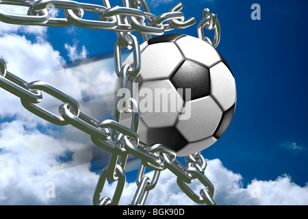 3D soccer ball tearing silver chains apart making goal abstract competition concept Stock Photo