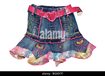 Children's clothing blue girl jeans mini skirt with pink belt isolated on white background Stock Photo