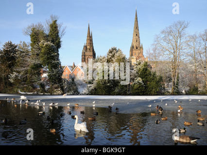 Three spires Cathedral frozen Minster Pool swans and ducks on snowy winter’s day 2010 Lichfield Staffordshire England Stock Photo