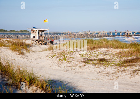 Cape Canaveral, FL - Nov 2008 - Lifeguard station on beach next to fishing pier at Jetty Park in Cape Canaveral, Florida Stock Photo