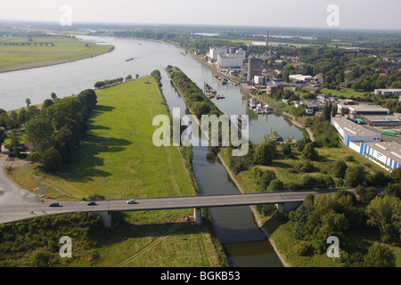 Aerial photo, Lippe river estuary, Wesel, Huenxe, Rhine river, port, North Rhine-Westphalia, Ruhr, Germany Europe Stock Photo