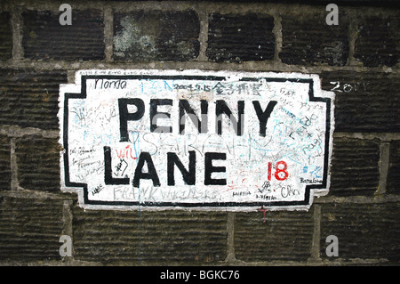 Penny Lane road sign in Liverpool, Merseyside, UK.2020 saw source of controversy, because some believe it was named after James Penny Stock Photo