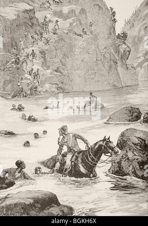 British soldiers fleeing and being pursued by Zulu warriors after battle of Isandlwana , KwaZulu-Natal province, South Africa Stock Photo