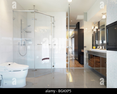 Clean modern bathroom with large glass shower Stock Photo