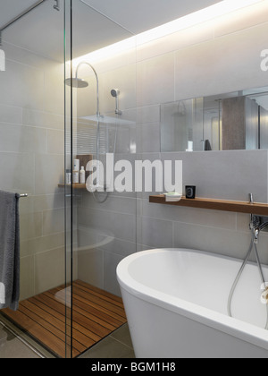 Small glass shower in corner of modern bathroom Stock Photo