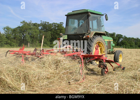 Farmer turning hay with is tractor and hay turner Stock Photo