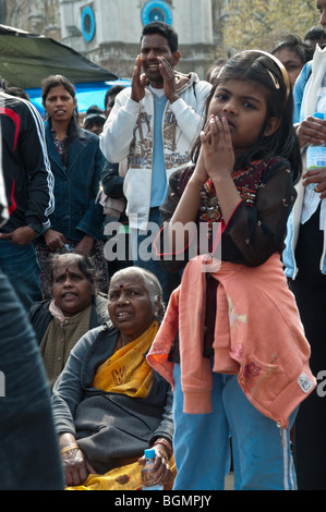 Young Tamil girl and others in noisy protest supporting hunger strike against Sri Lankan army massacre of Tamils Stock Photo