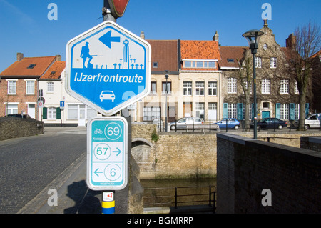 Traffic sign at bike-way junction and signpost route network IJzer front, Diksmuide, Belgium Stock Photo