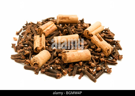 Cloves and Cinnamon on a white background Stock Photo