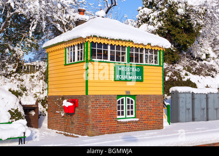 Four Marks and Medstead railway station signal box after a heavy snow fall Stock Photo