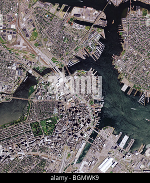 aerial map view above downtown Boston Massachusetts and Boston harbor Stock Photo