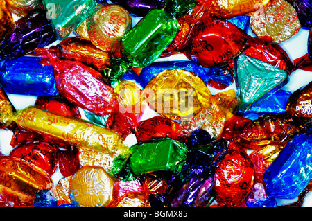 a close up of quality street chocolates Stock Photo