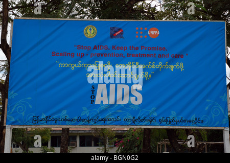 Burmese road signs and banners in Tachileik, MYANMAR Stock Photo