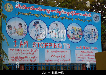 Burmese road signs and banners in Tachileik, MYANMAR Stock Photo