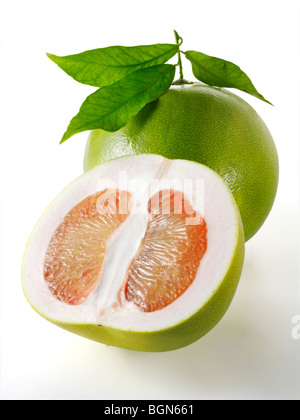 Fresh whole and cut Pomelo citrus Fruit against a white background Stock Photo