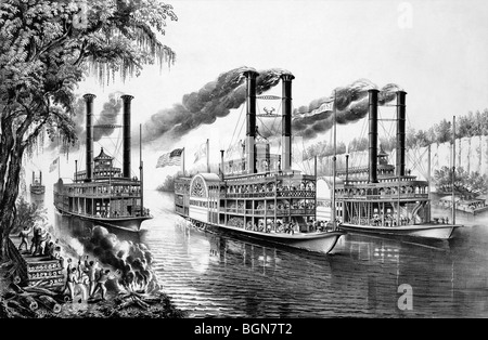 Print entitled 'The Champions of the Mississippi - a race for the Buckhorns' and depicting steamboats racing along the river. Stock Photo