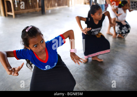 Traditional Balinese dance lesson for children in a dance school in Blahbatuh, Bali, Indonesia Stock Photo