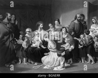 Print c1863 entitled 'Christ Blessing Little Children' and depicting events outlined in the Gospels of Mark, Matthew and Luke. Stock Photo