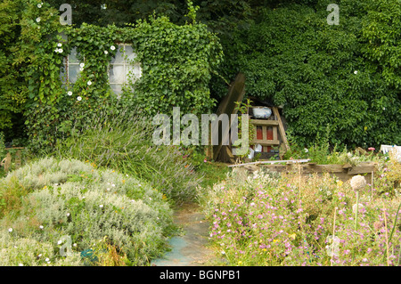 Old shed on an allotment plot completely covered in climbing ivy with herbs and wildflowers growing in the foreground Stock Photo