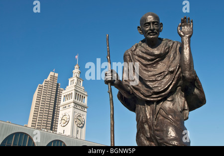 California San Francisco Ferry Building Clock Tower Ferry Plaza statue of Mohandas Karamchand Gandhi Stock Photo