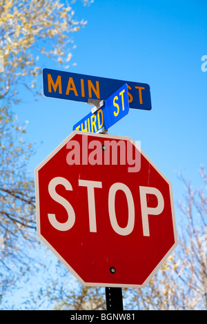 Red and white stop sign on cross roads, showing Main street, Cerrillos on the Turquoise Trail, Cerrillos, New Mexico, USA Stock Photo