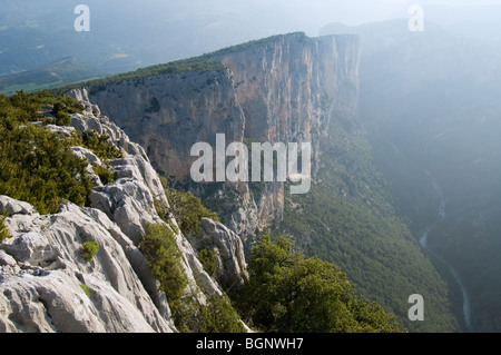 The steep limestone cliff faces of the canyon Gorges du Verdon / Verdon Gorge, Alpes-de-Haute-Provence, Provence, France Stock Photo