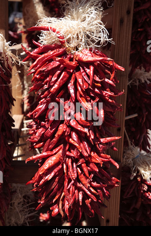 Dried red chilli peppers on sale in Santa Fe, New Mexico, USA Stock Photo