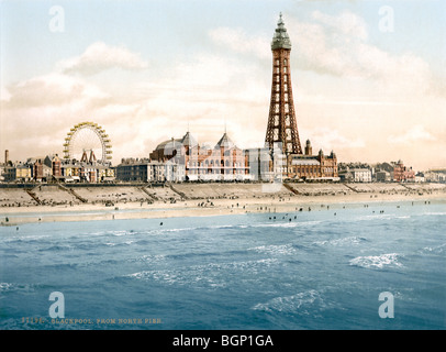 Historic photochrome colour print circa 1894 - 1900 of Blackpool Tower and seafront as seen from the North Pier. Stock Photo