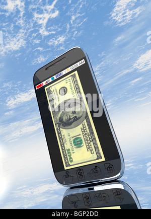 $100 dollar bill on screen of smart phone. Blue cloudy sky as background. Stock Photo