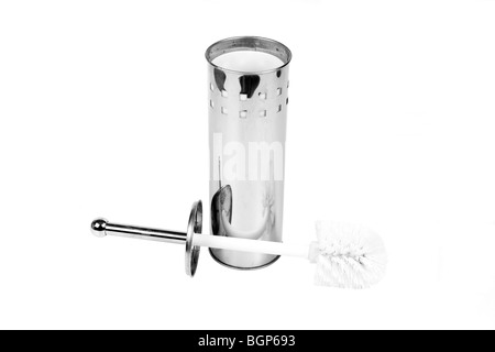 Stainless Steel Toilet cleaning brush and Holder against a white background Stock Photo