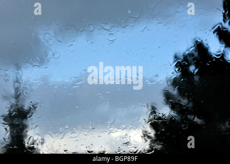 Heavy raindrops splashing water on window during downpour and silhouettes of trees Stock Photo