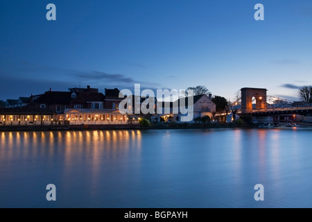 Marlow road bridge and The Complete Angler Restaurant on the River Thames at dusk, Buckinghamshire, Uk Stock Photo